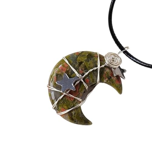 Handgefertigter natürlicher Kristall-Mond- und Stern-Anhänger – lila-rosa Rohstein-Halskette für Mädchen – DIY-Schmuckhandwerk, 3cm, Stein von Generisch