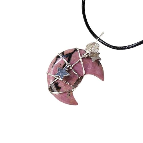 Handgefertigter natürlicher Kristall-Mond- und Stern-Anhänger – lila-rosa Rohstein-Halskette für Mädchen – DIY-Schmuckhandwerk, 3cm, Stein von Generisch