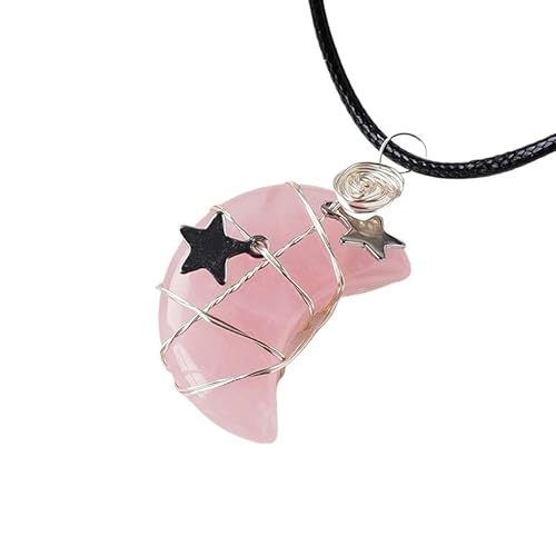 Handgefertigter natürlicher Kristall-Mond- und Stern-Anhänger – lila-rosa Rohstein-Halskette für Mädchen – DIY-Schmuckhandwerk, 3cm, Stein von Generisch
