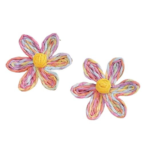 Handgemachte Geflochtene Bunte Raffia Blumenohrringe für Frauen, Große, Leichte Statement Ohrstecker Aus Korbgeflecht, Sommer Tropenstrandschmuck von Generisch