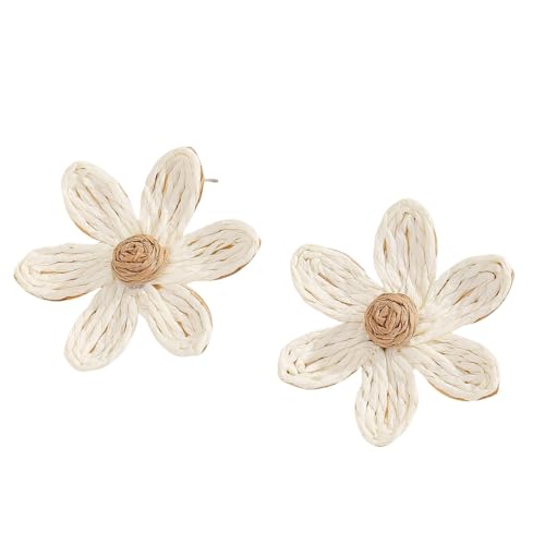 Handgemachte Geflochtene Weiße Raffia Blumenohrringe für Frauen, Große, Leichte Statement Ohrstecker Aus Korbgeflecht, Sommer Tropischer Strandschmuck von Generisch