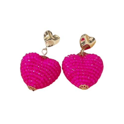Handgemachte Perlenstickerei, Herzform, Kugel Ohrhänger, Bohemian Statement Ohrstecker, Trendiger Süßer Sommerschmuck für Frauen und Mädchen, Rosarot von Generisch