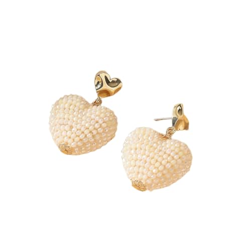 Handgemachte Perlenstickerei Perlen Herzform Kugel Ohrhänger Boho Statement Ohrstecker Trendy Süßer Sommerschmuck für Frauen Mädchen Weiß von Generisch