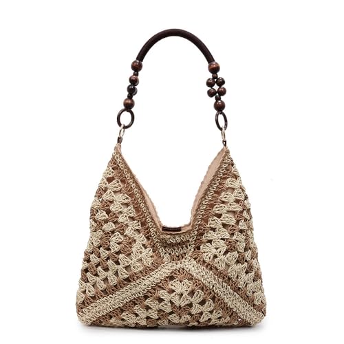 Handgewebte Damen Stroh Umhängetasche mit Magnetverschluss - Große Vintage Boho Geflochtene Strandtasche aus Bast, Schultertasche für Sommer, Reisen, Einkaufen und Urlaub(Weiß,Beige & Khaki) von Generisch