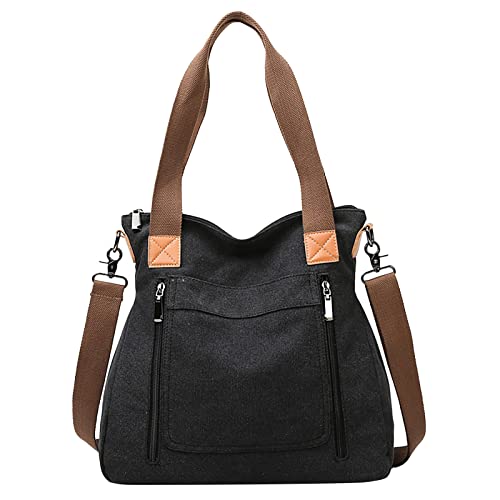 Handtasche Schwarz mittelgroß Tote Bag mit Fächern Koreanische Lässige für Damen,Eine Schulter,Umhängetasche,Große Kapazität,Stofftasche Umhängetaschen Herren Arbeitstasche (Black,One Size) von Generisch