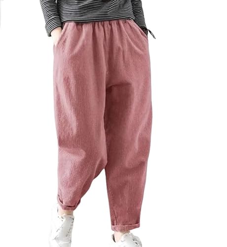 Harem Pants Cordhose Damen, Winter Warm Fleece Gefütterte Hose Elastische Taille Lange Hose Fleech Freizeithose Cord Kegelhose Haremshose Rosa 3XL von Generisch