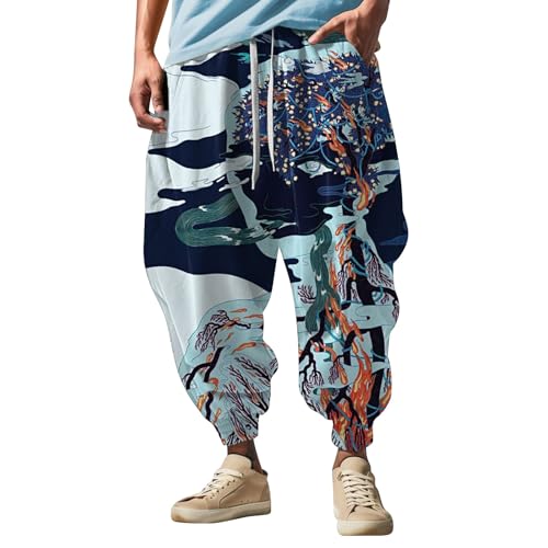 Haremshose Herren Pumphose Aladin Haremshose Hippie Muster Fun Print Fashion Street Feel Casual Jogginghose Hosen Herren Cargo Gym Hose Atmungsaktiv Leicht Hawaii Stil Strandhose von Generisch