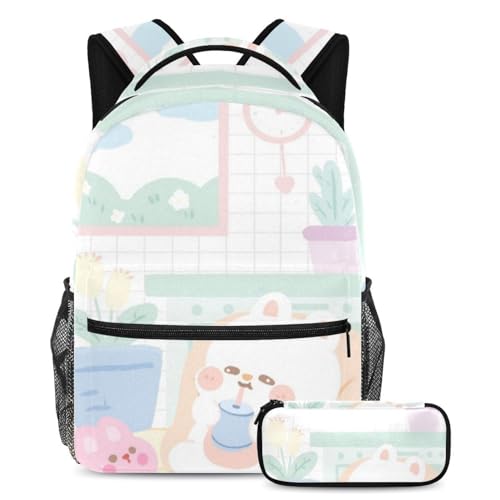 Hasen-Silhouette, unverzichtbarer Schulbegleiter, 2-teiliges Schultaschen-Set für Kinder, mit Reisebuchtasche und Federmäppchen, Mehrfarbig Nr. 07, B：29.4x20x40cm P：19x7.5x3.8cm, Tagesrucksäcke von Generisch