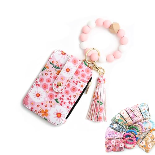 Hassignment/Researcheri Women's Boho Beaded Wallet, Women's Boho Style Keychain with Flower Pattern Wallet, Beaded Tassel (Light pink) von Generisch