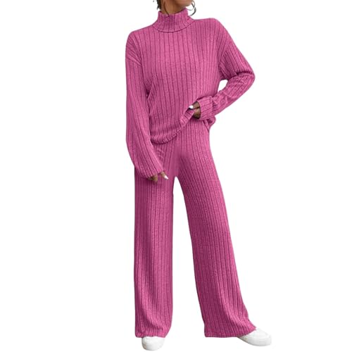 Hausanzug Damen Baumwolle 2 Teiler Strickpullover Und Strickhose Set Strickanzug Loungewear Elegant Lounge Strick Zweiteiler Hausanzug Baumwolle Große Größen Strick Set Damen Outfit Gerippt Homewear von Generisch