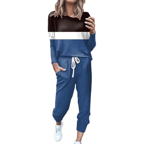 Hausanzug Damen Baumwolle Elegant | Jogginganzug Damen Set Warm, 2-Teiliges Lounge Set Patchwork Sweatsuit Pullover + Lang Hose Mit Gummizug Lässiger Bequem Freizeitanzug Sportanzug Hosenanzug Set von Generisch