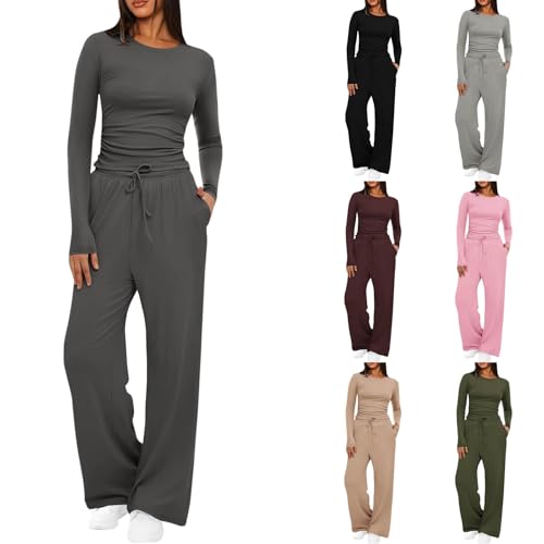 Hausanzug Damen Elegant Zweiteiler Mode Lounge Set Langarmshirt und Lange Weite Hose Freizeitanzug Slim Kleidung Trainingsanzug Homewear Sport Outfit 2 Teiler Jogginganzug Loungewear Dunkelgrau L von Generisch