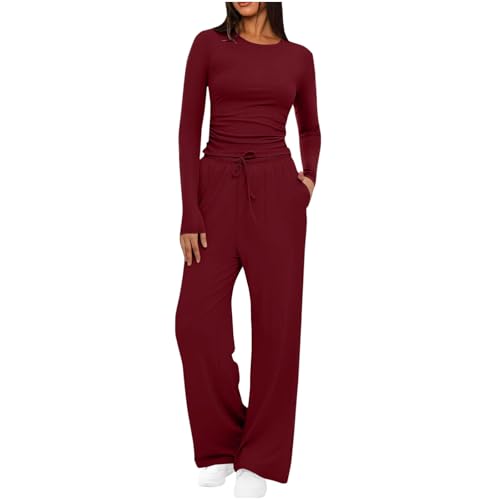 Hausanzug Damen Elegant Zweiteiler Mode Lounge Set Langarmshirt und Lange Weite Hose Freizeitanzug Slim Kleidung Trainingsanzug Homewear Sport Outfit 2 Teiler Jogginganzug Loungewear Weinrot M von Generisch