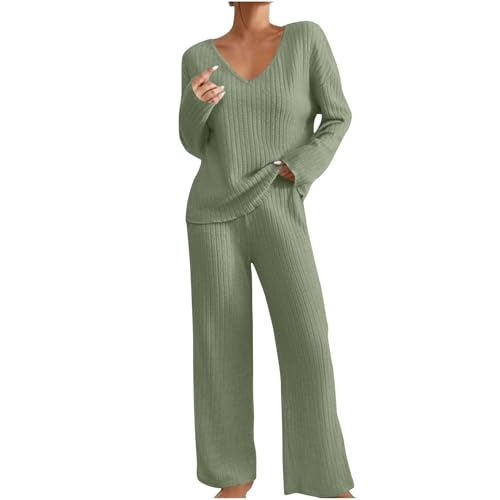 Hausanzug Damen Gerippt Lounge Set Weich Rippstrick Schlafen Winter Loungewear Set Elegant Einfarbig Jogginganzug Zweiteiler Strickanzug V-Ausschnitt Homewear Weite Hosen Nachtwäsche Hauskleidung von Generisch