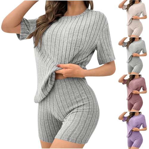 Hausanzug Damen Kuschelig Schlafanzug Elegant Pyjama Set Strick Zweiteiler Oberteil und Shorts Loungewear Frauen Schlafanzüge Bekleidung Teenager Mädchen Shorty Pjama Weiches Lounge Homewear Grau S von Generisch