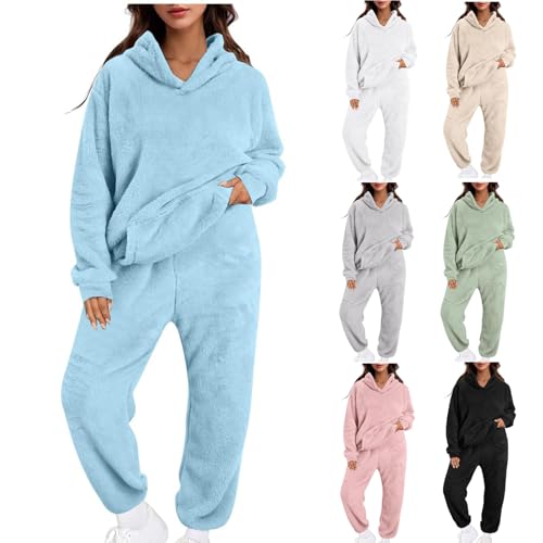 Hausanzug Damen Kuschelig Zweiteiler Lounge Set Warm Fleece Kleidung Frauen Hoodie und Hose Jogginganzug Loungewear Winter Outfit Flauschig Homewear 2 Teiler Lang Kuschelanzug Freizeitanzug Blau 4XL von Generisch