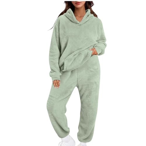 Hausanzug Damen Kuschelig Zweiteiler Lounge Set Warm Fleece Kleidung Frauen Hoodie und Hose Jogginganzug Loungewear Winter Outfit Flauschig Homewear 2 Teiler Lang Kuschelanzug Freizeitanzug Grün M von Generisch