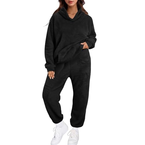Hausanzug Damen Kuschelig Zweiteiler Lounge Set Warm Fleece Kleidung Frauen Hoodie und Hose Jogginganzug Loungewear Winter Outfit Flauschig Homewear Lang Kuschelanzug Freizeitanzug Schwarz 3XL von Generisch