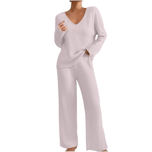 Hausanzug Damen Weich Rippstrick Schlafen Gerippt Lounge Set Winter Strick Loungewear Set Einfarbig Jogginganzug Zweiteiler Strickanzug V-Ausschnitt Homewear + Weite Hosen Nachtwäsche Hauskleidung von Generisch