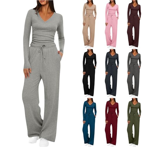 Hausanzug Damen Zweiteiler Lounge Set Mode Kleidung V-Ausschnitt Langarmshirt und Lange Hose Jogginganzug Sport Outfit Hosenanzug Weite Jogginghose Trainingsanzug Loungewear Freizeitanzug Grau M von Generisch