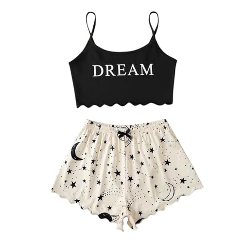 Hauseanzug Damen Zweiteiliger Pyjama Outfit Shorts und Top Sets Teenager Mädchen Spaghettiträger Bauchfrei Tops Camisole Kurze Hose Schlafanzug Kombi 2-Teiler Home Set mit Cartoonmuster von Generisch