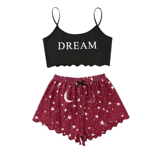 Hauseanzug Damen Zweiteiliger Pyjama Outfit Shorts und Top Sets Teenager Mädchen Spaghettiträger Bauchfrei Tops Camisole Kurze Hose Schlafanzug Kombi 2-Teiler Home Set mit Cartoonmuster von Generisch