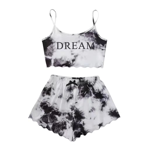 Hauseanzug Damen Zweiteiliger Pyjama Outfit Shorts und Top Sets Teenager Mädchen Spaghettiträger Bauchfrei Tops Camisole Kurze Hose Schlafanzug Kombi 2-Teiler Home Set mit Cartoonmuster von Generisch