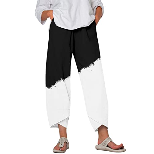 Haushose Damen Lang Baumwolle Sommer Strandhose Lockere Hosen High Waist Leicht Elegante Hose Jogginghose Weites Bein 7/8 Damenhosen Bequem Freizeithose Kurzgröße Freizeit Damenhose (White, L) von Generisch