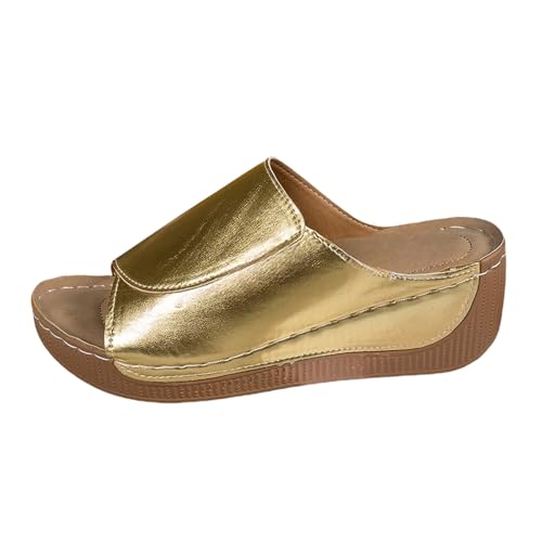 Hausschuhe Damen, Orthopädische Pantoletten Damen Glitte Arch Support Sommer Bequem Keilsandalen Leder Platform Sandals Bequem Slip On Sandalen Peep Toe Freizeitsandalen Fischmaul Pantoffeln 1 von Generisch