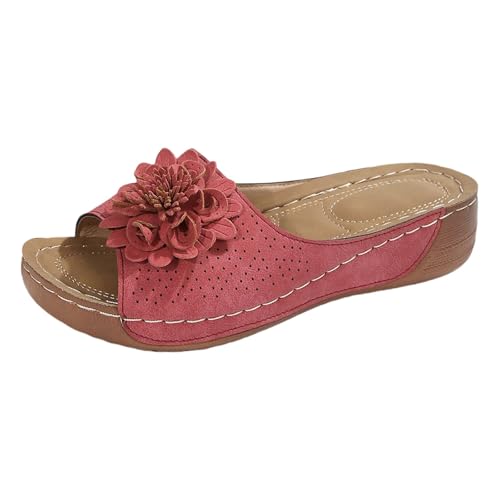 Hausschuhe Damen Arch Support Bequem Orthopädische Damen Sommer Pantoletten Walking Offene Kappe Pantoffeln Freizeit PU-Leder Vintage Sandalen Lässige Fußbett Keilabsatz Sandalen für Täglichen von Generisch
