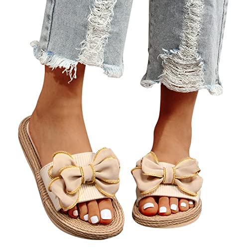 Hausschuhe Damen Espadrilles Sommer Flache Sommerschuhe Badelatschen Slip-On Pantoletten Sandalen Bequeme Strandsandalen Mit Bowknot Strandschuhe Leicht Slippers Badeschlappen Freizeit Sandaletten von Generisch