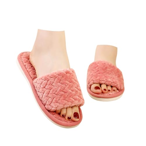 Hausschuhe Damen Herren Frauen Plüsch Offene ZeheBaumwolle Hausschuhe Flache Unterseite Warme Indoor Nicht Slip Hause Schuhe Flach 41 Damen (Red, 41) von Generisch