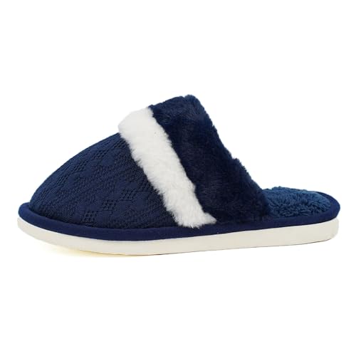 Hausschuhe Damen Herren Paare Männer Frauen Slip On Pelzigen Flache Hause Winter Runde Zehe Halten Warme Drucke Hausschuhe Schuhe Sommerkind Schuhe Damen (Navy, 45) von Generisch