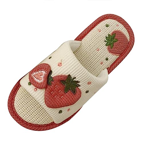 Hausschuhe Damen Herren Süße Erdbeer-Flachs-Hausschuhe mit weichem Boden für vier Jahreszeiten. Maiden Heart Silent-Baumwoll-Flachs-Hausschuhe Schwarze Schuhe Damen Mit Absatz Winter (White, 40) von Generisch