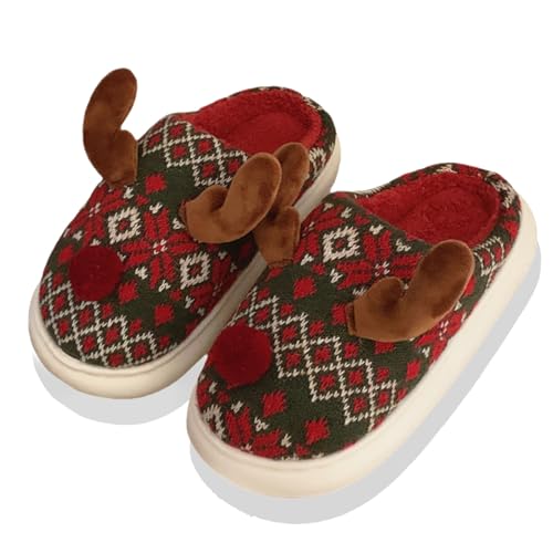 Hausschuhe Damen Herren Weihnachts- Geschlossene Zehenpartie Flache Unterseite Warme Hausschuhe Damen Schuhe Party (Red, 39) von Generisch