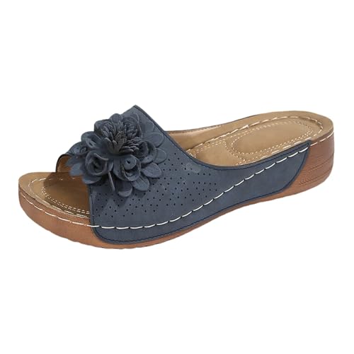 Hausschuhe Damen Leder, Damen Pantoletten Mit Fußbett Orthopädische Blumen Elegant Strandschuhe Rutschfest Slides Leichte Bequeme Sandaletten Slip On Badeschlappen Arch Support Sommerschuhe von Generisch