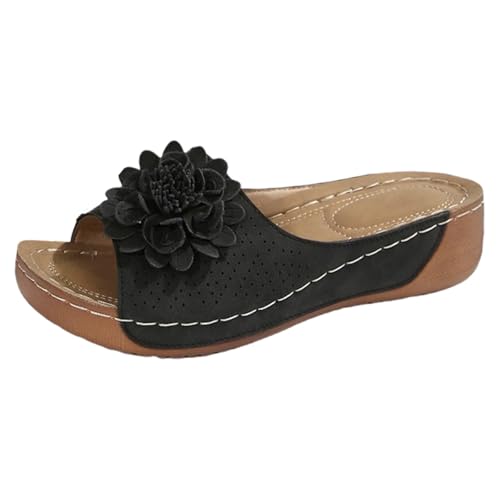 Hausschuhe Damen Leder, Damen Pantoletten Mit Fußbett Orthopädische Blumen Elegant Strandschuhe Rutschfest Slides Leichte Bequeme Sandaletten Slip On Badeschlappen Arch Support Sommerschuhe von Generisch