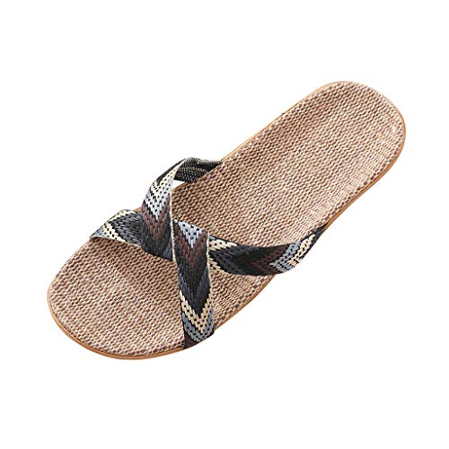Hausschuhe Damen Leinen, Damen Pantoletten Sommer Stroh Strandsandalen Atmungsaktiv Badeschuh Bequem Damenschuhe Anti Sweat Freizeitschuhe Leicht Flip Flops Offener Zeh Leinenhausschuhe von Generisch