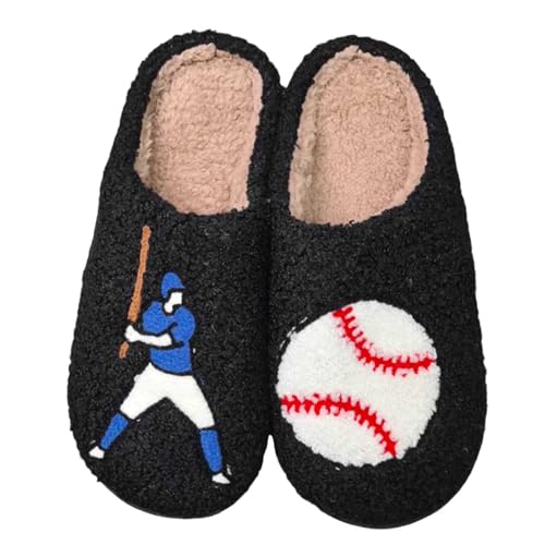 Hausschuhe Damen Plüschtier Mit Weichen Sohlen Slippers Winter Warme Baseball-Bestickte Schlappen Leise Gästehausschuhe Im Herbst Und Winter Drinnen Und Draußen von Generisch