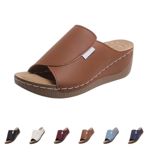 Hausschuhe Damen Sommer Pantoffeln Offene Zehe Freizei Hausschuhe Leder Pantoffeln|Weiche Sohle rutschfest Orthopädische Slipper Nähen Passt auf den RIST von Generisch