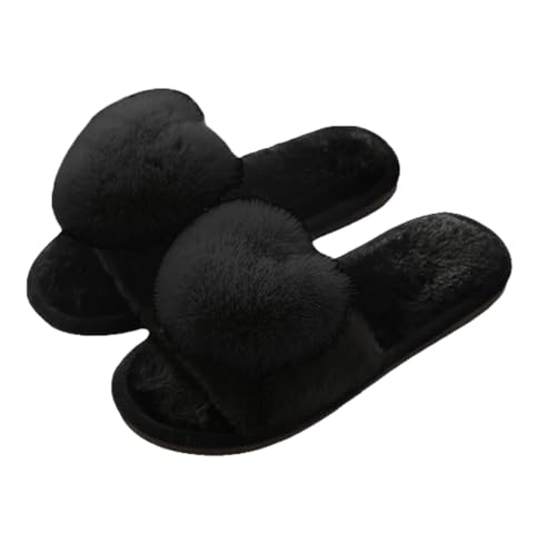 Hausschuhe Damen Trendiger Innenbereich Plüschschuhe Offener Zehen Flauschige Wohnschuhe mit Liebe Plüschball Kuschelige Geräuschlose Flache Hausslippers für Warm Herbst Indoor von Generisch