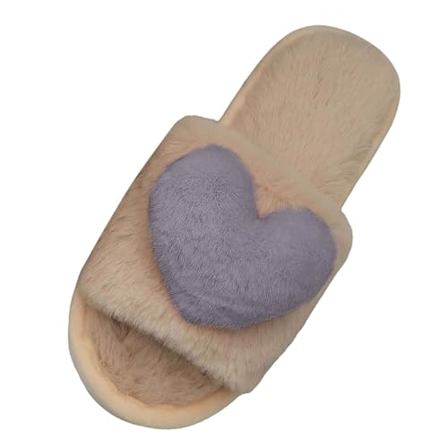 Hausschuhe Damen Trendiger Innenbereich Plüschschuhe Offener Zehen Flauschige Wohnschuhe mit Liebe Plüschball Kuschelige Geräuschlose Flache Hausslippers für Warm Herbst Indoor von Generisch