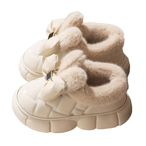 Hausschuhe Damen Winter Leder Oberfläche Schleife Geschlossen Flauschig Warme Pantoffeln Für Wohnung Haushalt Bequem Gemütliche Modische Hausschuhe von Generisch