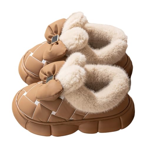 Hausschuhe Damen Winter Leder Oberfläche Schleife Geschlossen Flauschig Warme Pantoffeln Für Wohnung Haushalt Bequem Gemütliche Modische Hausschuhe von Generisch