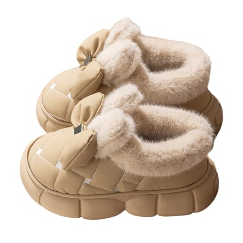 Hausschuhe Damen Winter Leder Oberfläche Schleife Geschlossen Flauschig Warme Pantoffeln Für Wohnung Haushalt Bequem Gemütliche Modische Hausschuhe von Generisch