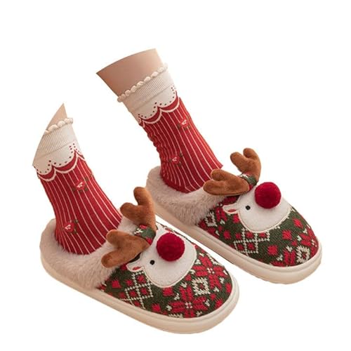 Hausschuhe Damen Winter mit weihnachtlichem Rentier Motiv geschlossene Spitze Hausschuhe flache Basis für festen Stand Pantoffeln festlich kuschelig für die Feiertage von Generisch