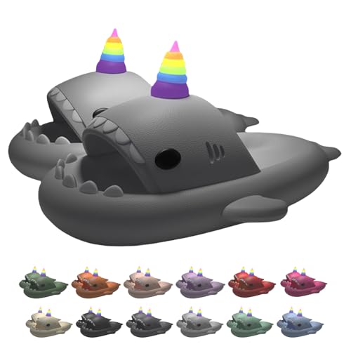 Hausschuhe mit Einhorn-Haifisch-Motiv für Männer und Frauen, Dunkeln leuchtende weiche, rutschfeste Dusche (Gray, Erwachsene, Damen, 38, Numerisch (von/bis), EU Schuhgrößensystem, 39, M) von Generisch