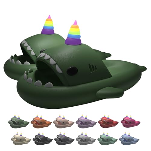 Hausschuhe mit Einhorn-Haifisch-Motiv für Männer und Frauen, Dunkeln leuchtende weiche, rutschfeste Dusche (Olive green, Erwachsene, Damen, 40, Numerisch (von/bis), EU Schuhgrößensystem, 41, M) von Generisch