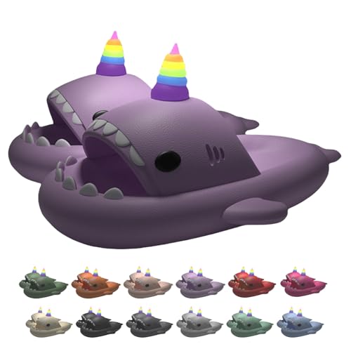 Hausschuhe mit Einhorn-Haifisch-Motiv für Männer und Frauen, Dunkeln leuchtende weiche, rutschfeste Dusche (Purple, Erwachsene, Damen, 36, Numerisch (von/bis), EU Schuhgrößensystem, 37, M) von Generisch