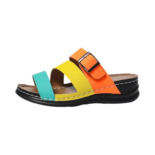 Hausschuhe mit Keilabsatz, Sommer, Damen, Plateau-Sandalen, römische Sandalen, flache Hausschuhe mit Schnalle, Patchwork-Farbe, Keilsandalen, Slingback-Sandalen, offener Zehenbereich, bequem, Sommer von Generisch